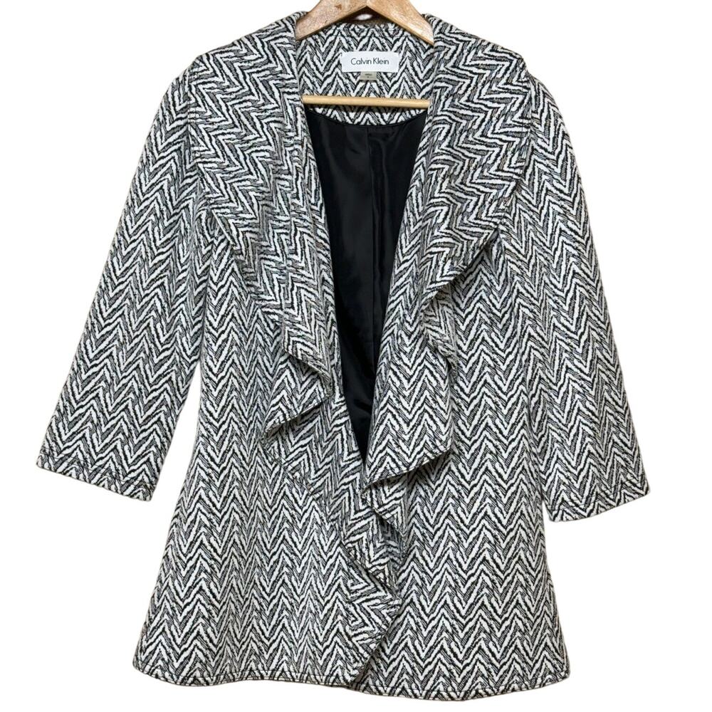 Calvin Klein Black White Waterfall Ruffled Open-Front Lined Cardigan Jacket 4